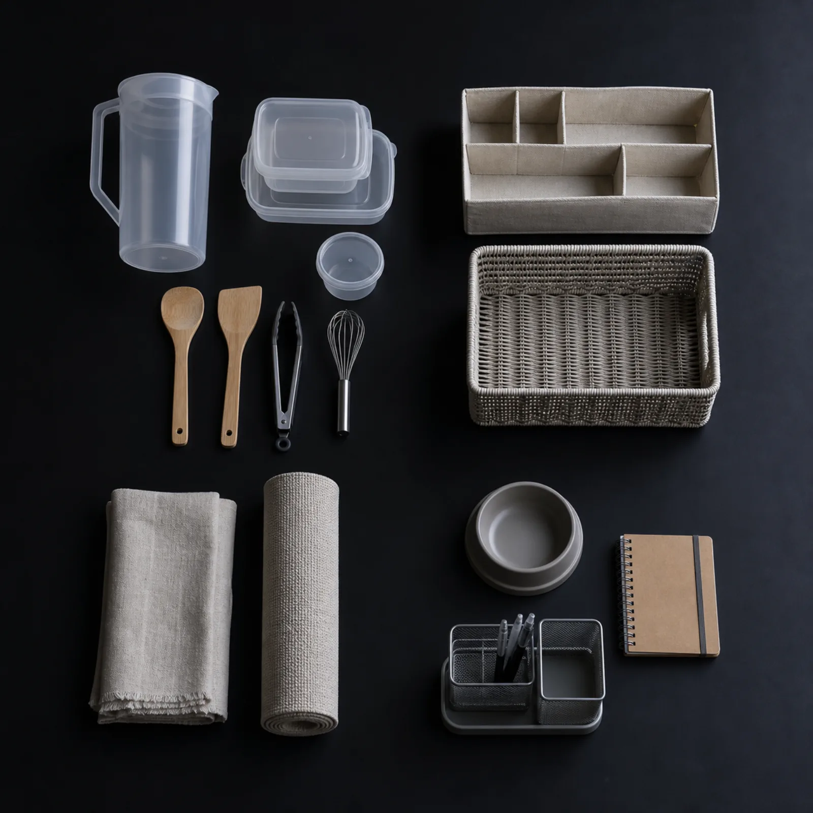 Overhead arrangement of unbranded kitchen, storage, textile and household products grouped by use.