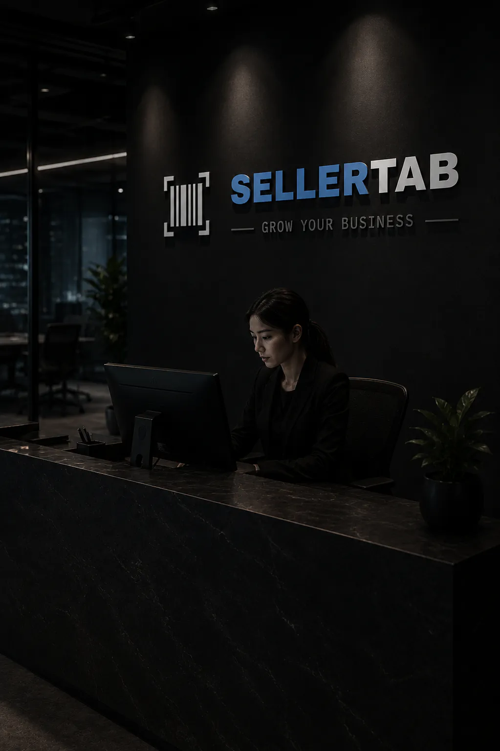 The SELLERTAB reception desk in a Hong Kong office.