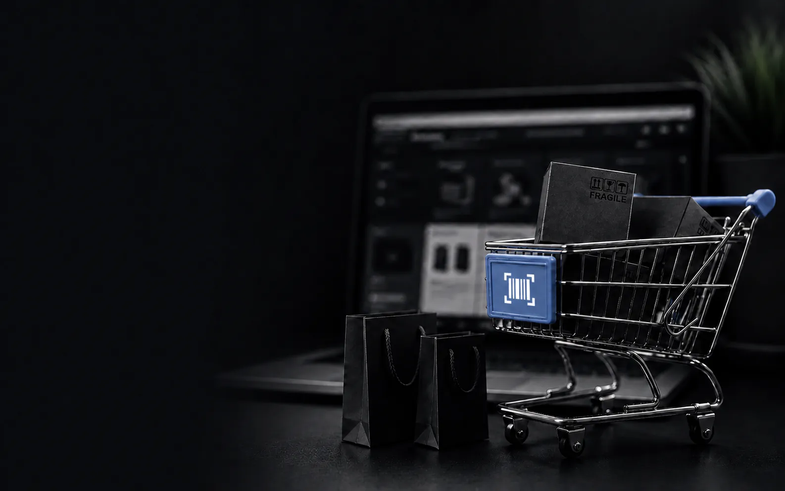 A shopping cart with parcels in front of an online storefront.