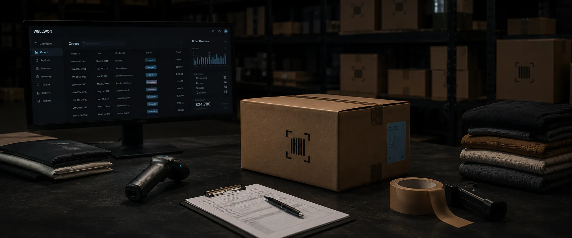 A marketplace operations screen, packed goods and fulfilment tools on a warehouse table.