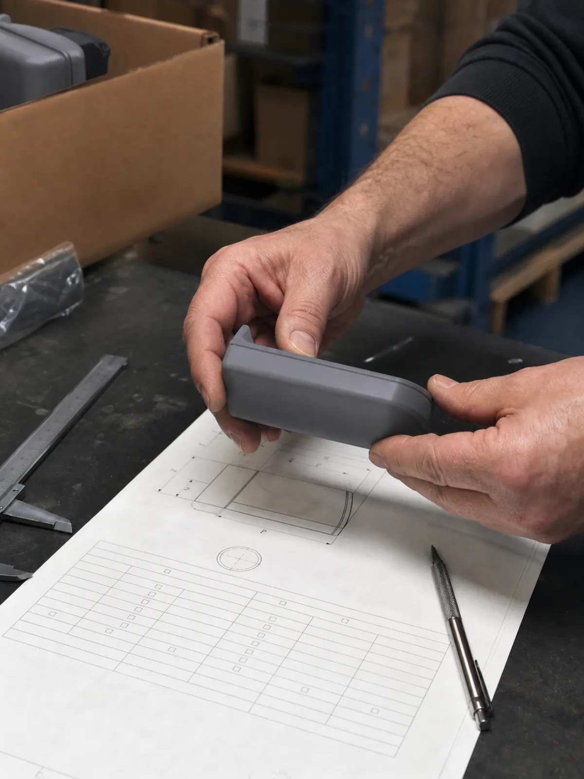 Hands comparing an unbranded product sample against a printed specification sheet.