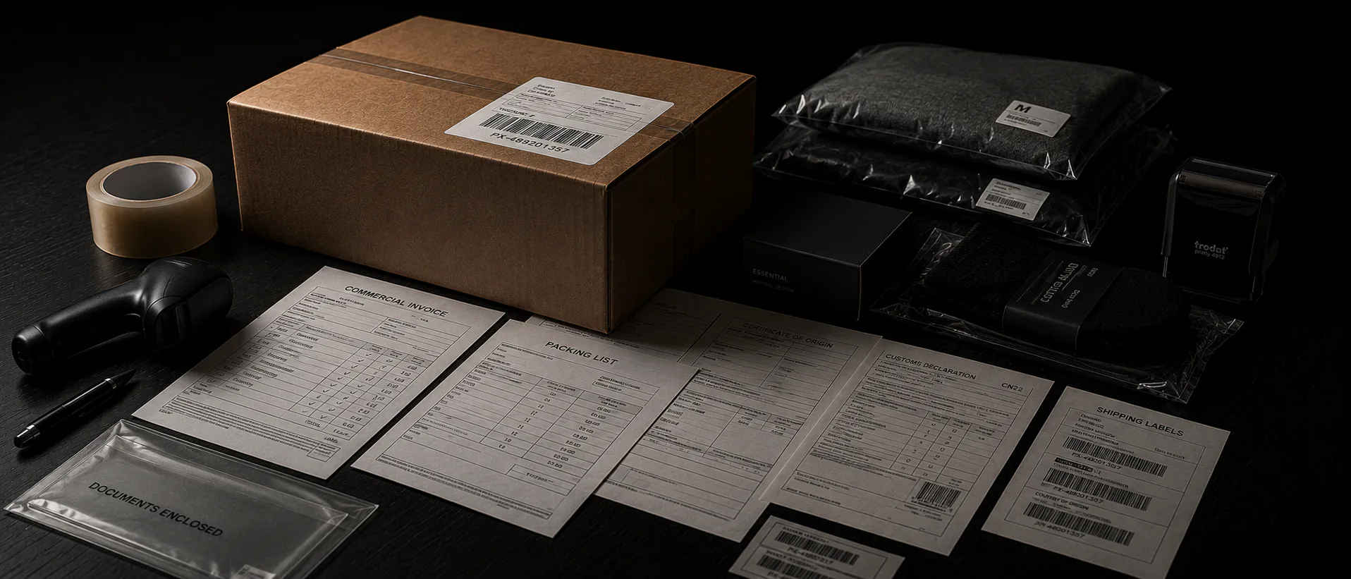Trade documents, shipping labels, a scanner and packed goods prepared for fulfilment.